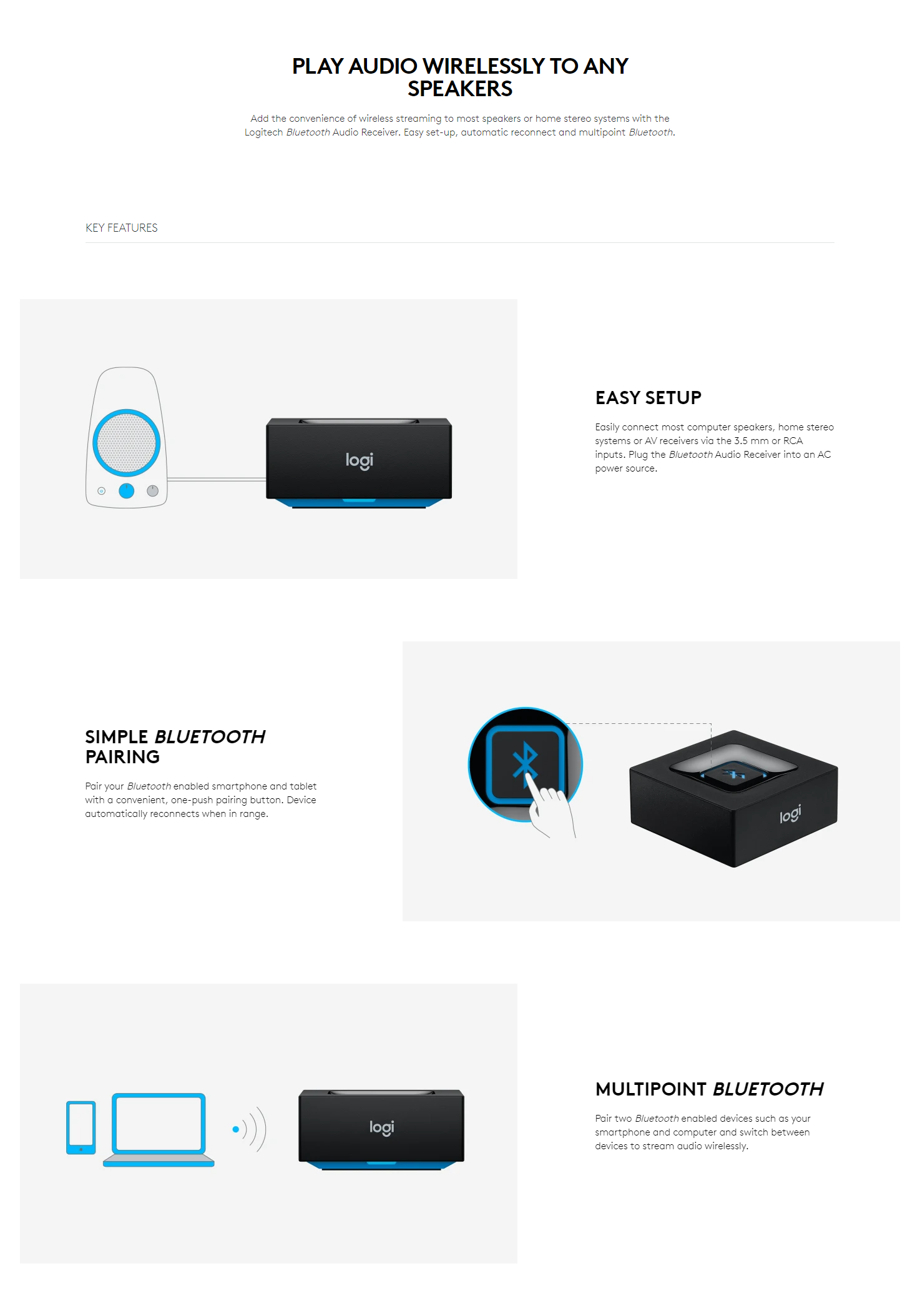 A large marketing image providing additional information about the product Logitech Bluetooth Audio Adapter - Additional alt info not provided
